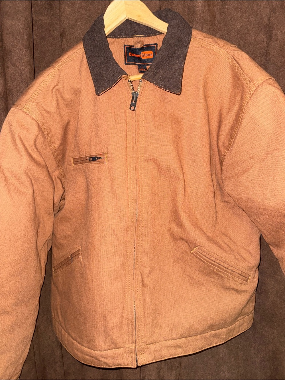 Corner stone Men's Tan Canvas Jacket with Dark Collar - Picture 4 of 6